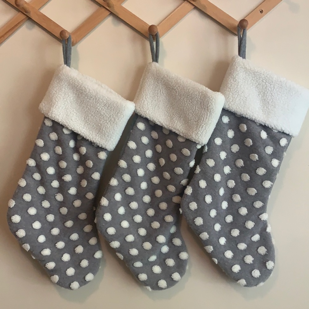 SET OF 3 Gray/white Swiss dot Christmas stockings